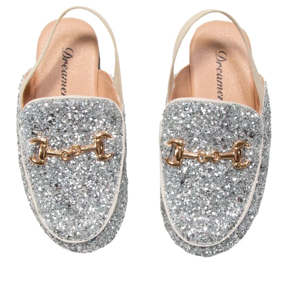 Dreamers Silver Glitter Girls' Slingback Loafers with Gold Bit